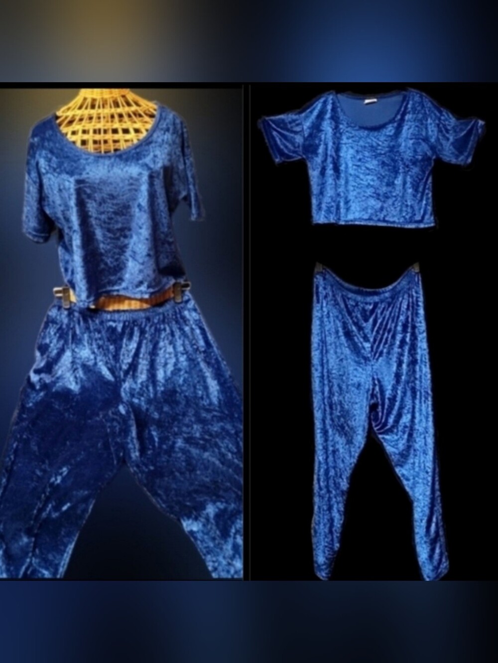 Vtg 90s Secret Treasures  blue sateen crop top High Waist Pant loungewear set L - Picture 8 of 17